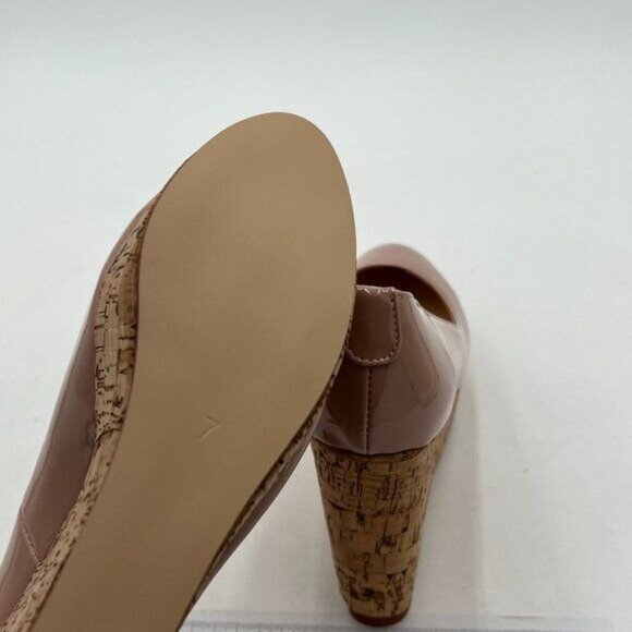 XYD Nude Round Toe Wood Platform Pumps Slip On Patent Wedge Cork High Heel Shoes - Picture 6 of 8